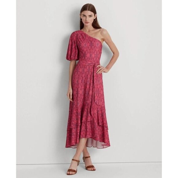 Ralph Lauren Pink Fuchsia Geo-Print Jersey One-Shoulder Dress Womens Size 10 EUC - Picture 3 of 13